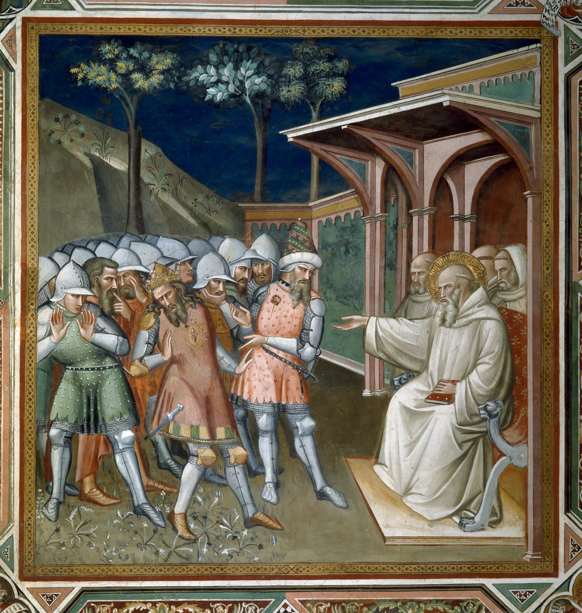 O Santo Descobre o Engano de Totila, Rei dos Ostrogodos, detalhe da Vida de São Bento (c.480-c.550), na Sacristia, 1387 de Aretino Luca Spinello or Spinelli