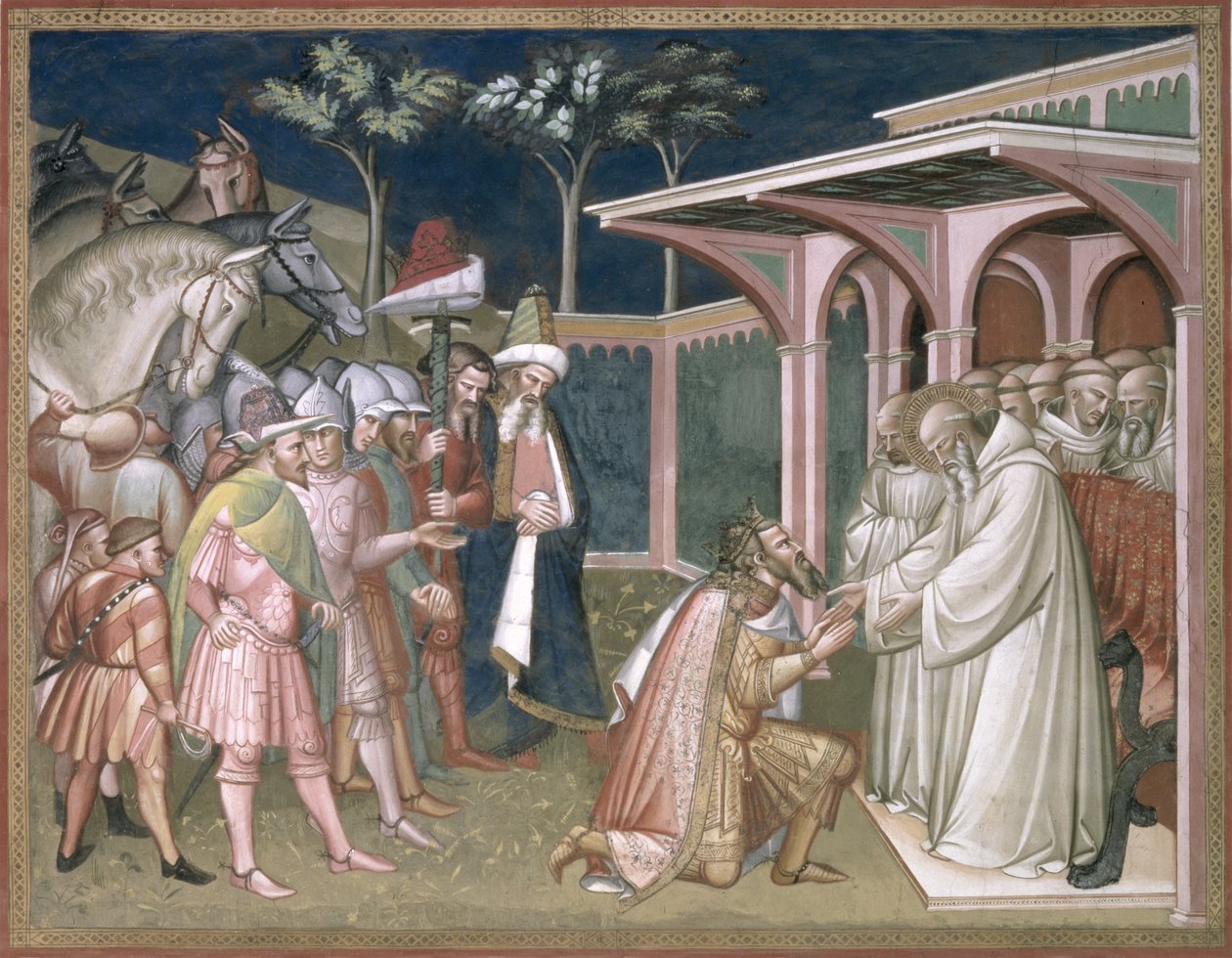 O santo profetiza a Totila rei dos godos, detalhe da vida de São Bento (c.480-c550), na sacristia, 1387 de Aretino Luca Spinello or Spinelli