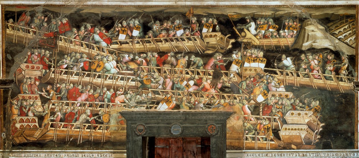 Batalha Naval em Punta Salvatore, opondo o exército de Frederic Barberossa aos venezianos (Fresco de Aretino Luca Spinello or Spinelli