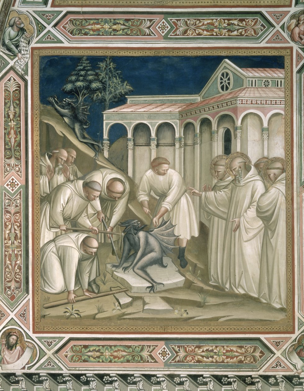 A Pedra Pesada, detalhe da Vida de São Bento (c.480-c.550), na Sacristia, 1387 de Aretino Luca Spinello or Spinelli