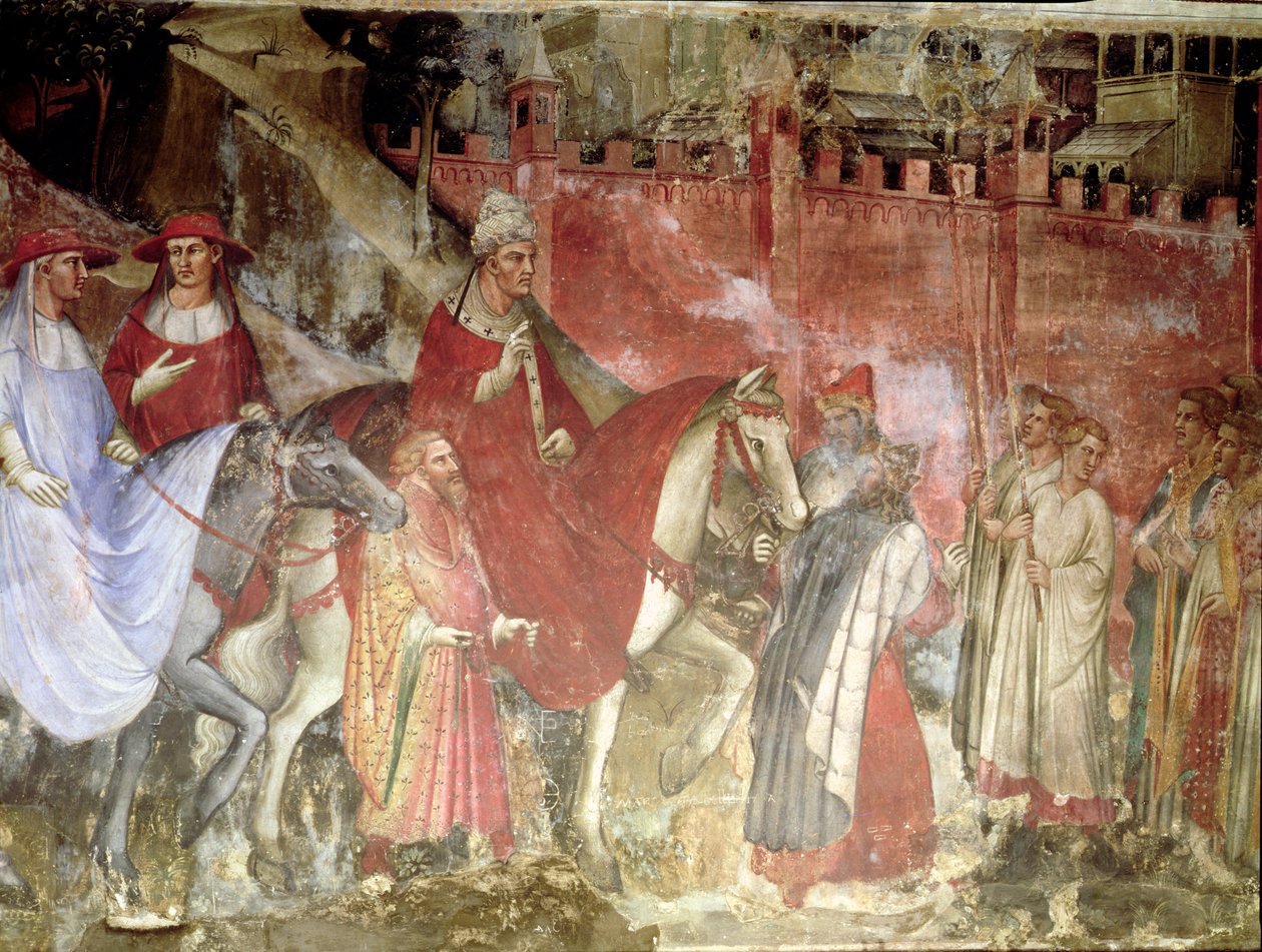 A História do Papa Alexandre III (1105-81): A Entrada do Papa e do Imperador Frederico Barbarossa (c.1123-90) em Roma, 1407 (detalhe) de Aretino Luca Spinello or Spinelli
