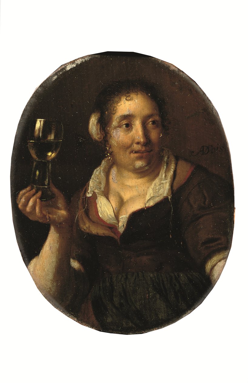 Uma camponesa com um copo de vinho na mão (óleo sobre painel) de Arie de Vois