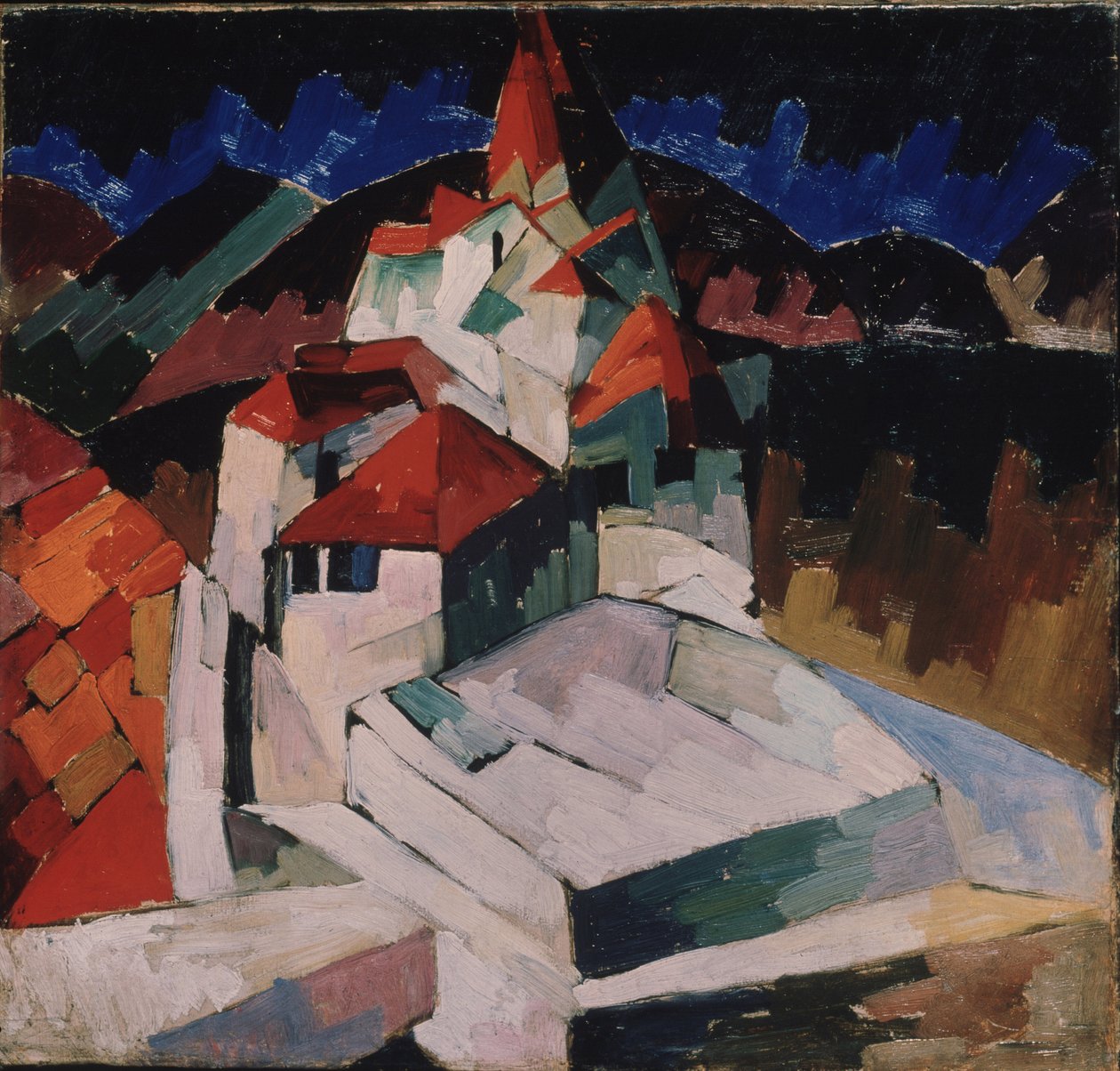 Igreja em Kislovodsk (Norte do Cáucaso, Rússia) (Igreja em Kislovodsk). Descrição cubista do edifício religioso em uma paisagem. Pintura de Aristarkh Vasiliyevich Lentulov (Lentulov) (1882-1943), óleo sobre tela de Aristarkh Vasilievic Lentulov