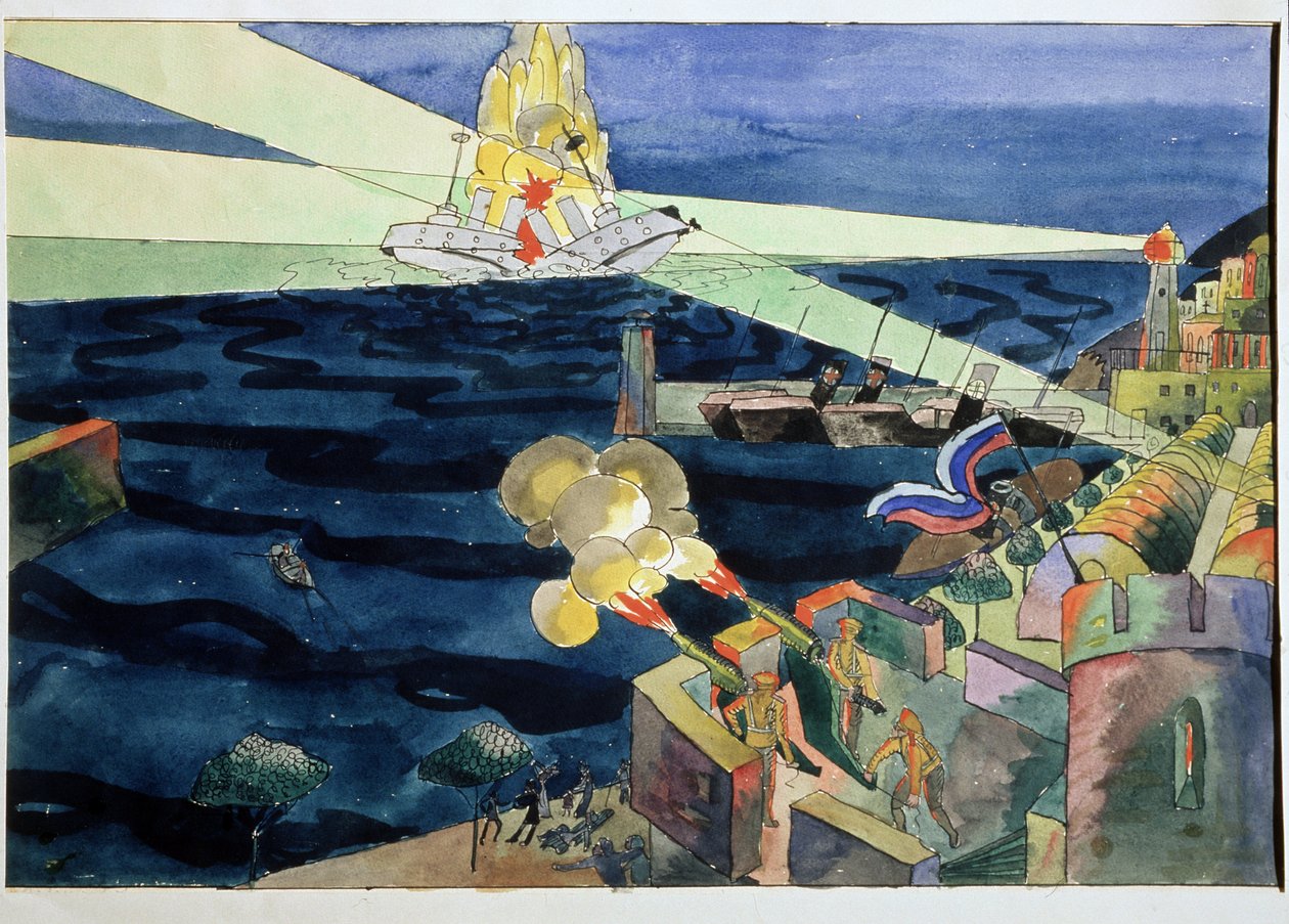 Uma Batalha Naval. A defesa da costa fortificada, as armas disparadas num navio de guerra que se desfaz no meio das explosões. Trabalho de Aristarkh Vasilyevich Lentulov (Lentulov) (1882-1943), aguarela sobre papel de Aristarkh Vasilievic Lentulov