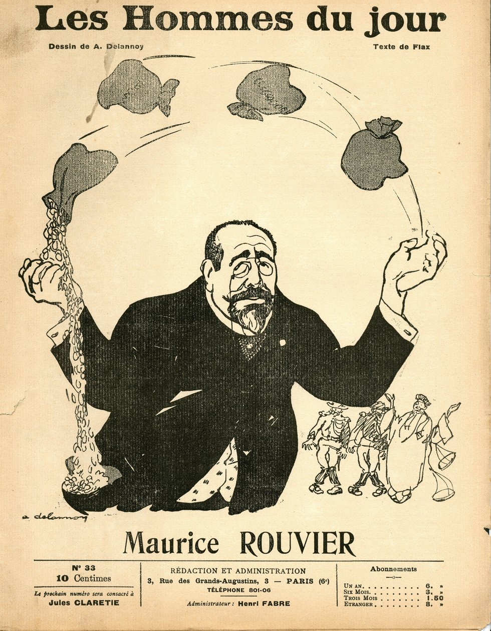 Capa de "Les Hommes du jour", cerca de 1906 - Ilustração de Aristide Delannoy (1874-1911): Silver - Rouvier Maurice (1842-1911) - Juggling de Aristide Delannoy