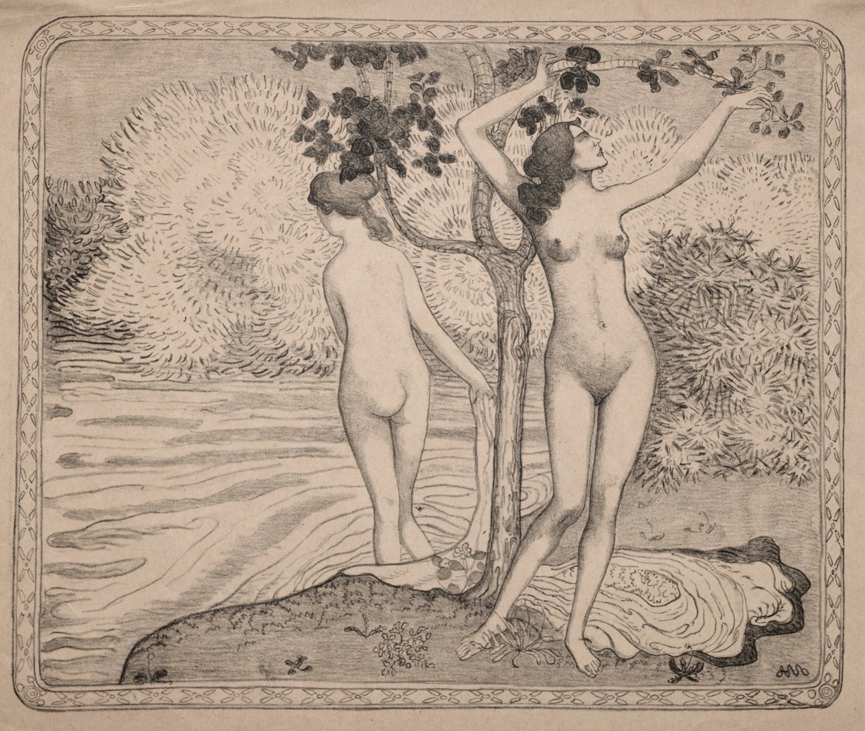 Dois banhistas debaixo de uma árvore à beira da água de Aristide Maillol