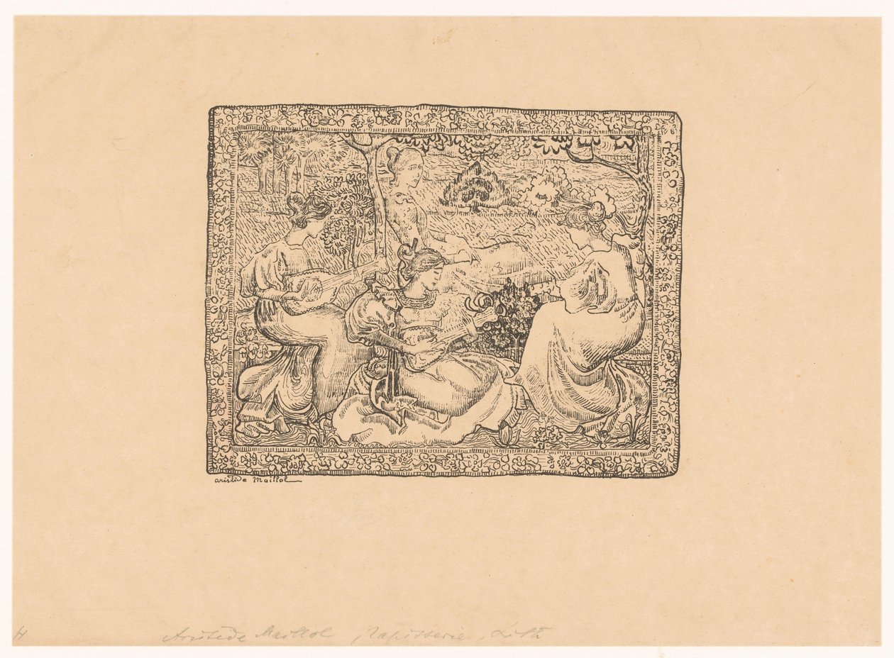 Tapeçaria com quatro mulheres que fazem música em uma paisagem Concert champêtre (título original) de Aristide Maillol