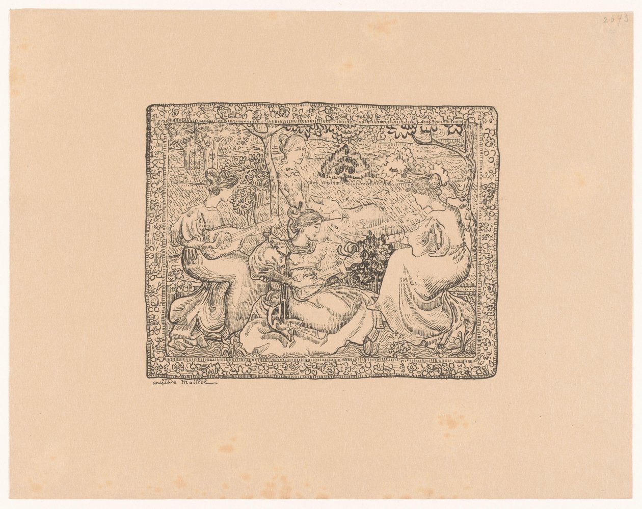 Tapeçaria com quatro mulheres a fazer música numa paisagem
Champêtre de concerto (título original) de Aristide Maillol