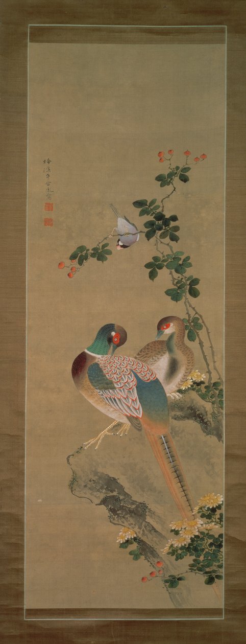 Faisão, fada, flores e pedra, c.1800 (tinta e cores sobre seda) de Ariwara Baikei