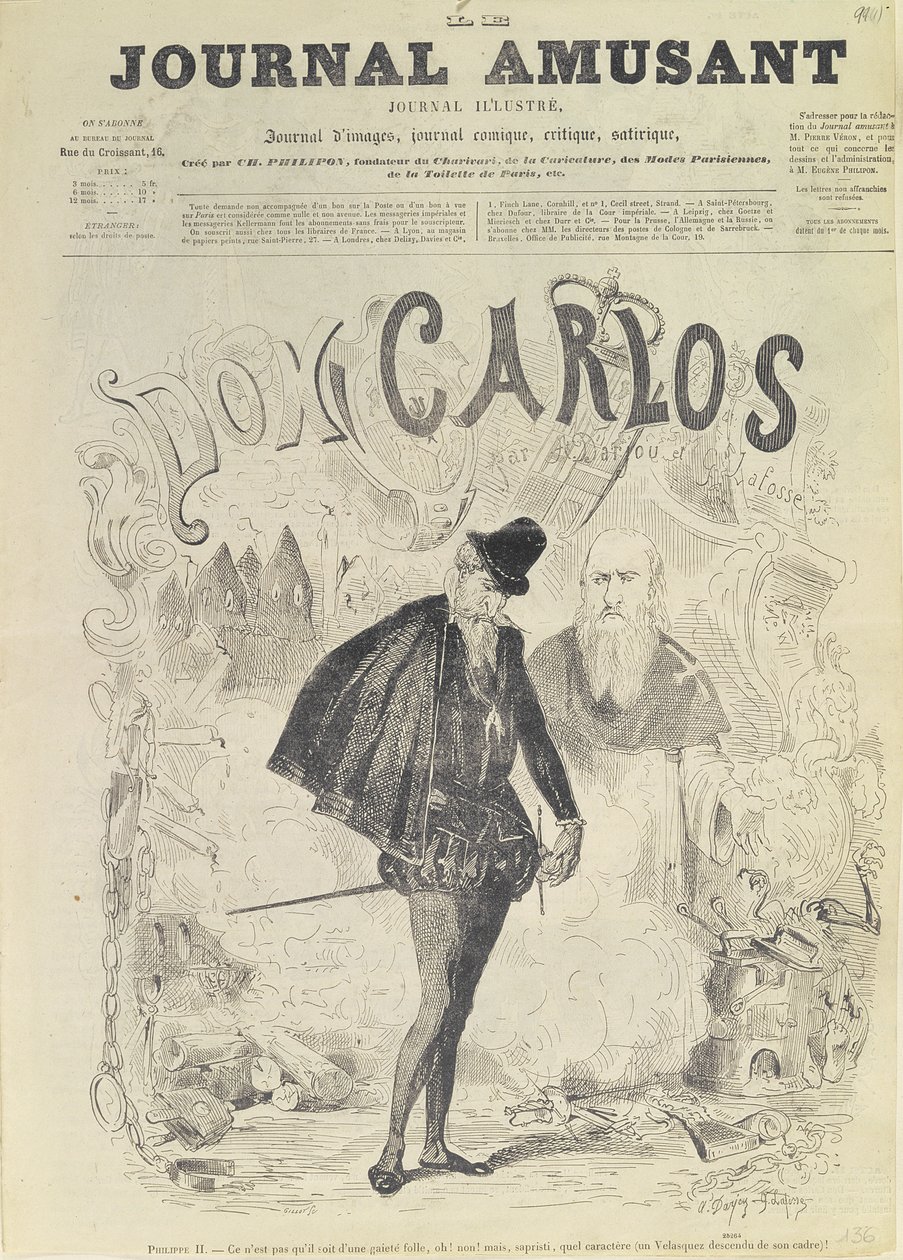 Primeira página de &39;Le Journal Amusant&39;, com uma caricatura de Don Carlos, da ópera &39;Don Carlos&39;, de Giuseppe Verdi (1813-1901): de Arjou Henri and Lafosse, G Darfou