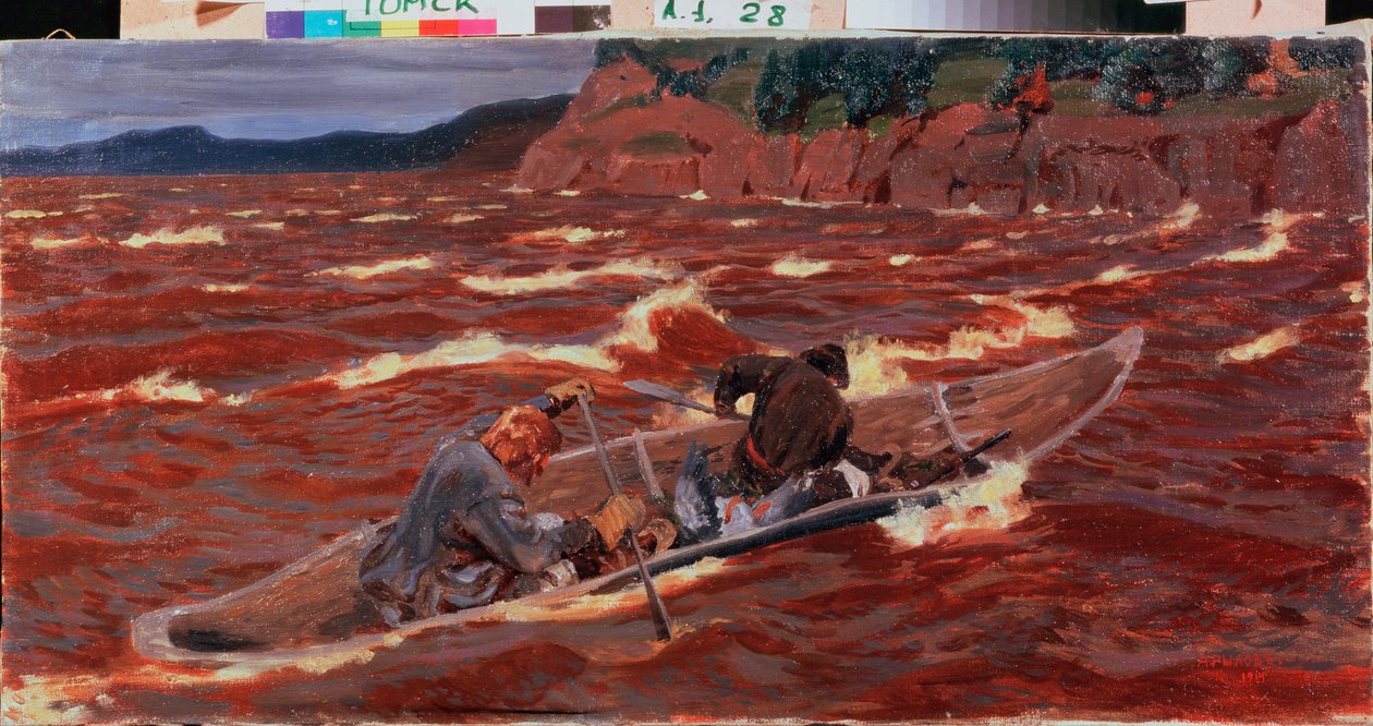 Num barco. Pintura por Arkadi (Arkady) Alexandrovich Rylov (1870-1939), óleo sobre tela de Arkadij Aleksandrovic Rylov