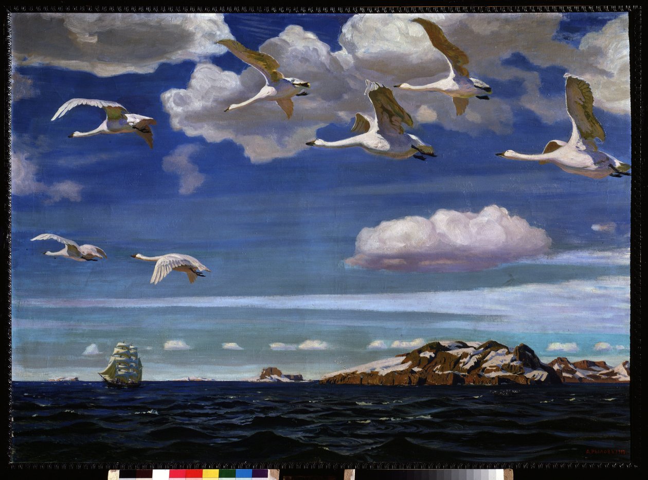Libertação azul. Migração de gansos selvagens que sobrevoam o mar. Pintura por Arkadi (Arkady) Alexandrovich Rylov (1870-1939), óleo sobre tela de Arkadij Aleksandrovic Rylov