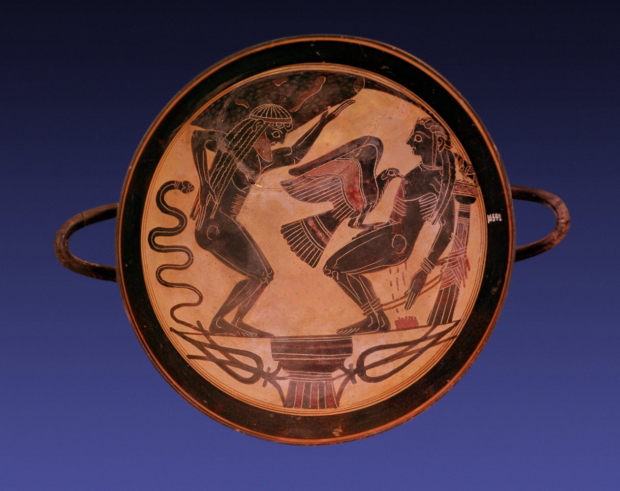 Figura preta kylix representando Atlas segurando o céu e Prometeu encadernado com uma águia escolhendo seu fígado, c.555 aC (cerâmica) de Arkesilas Painter
