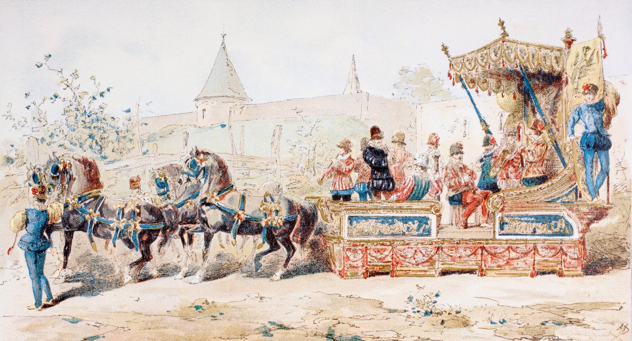 Horse Drawn Decorado Wagon transportando músicos profissionais, do século XVI, 1886 de Armand Jean Heins