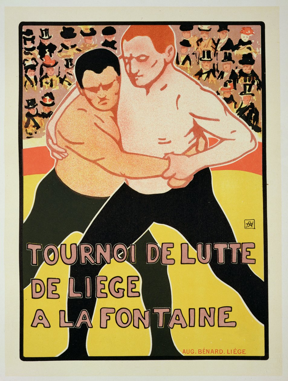 Reprodução de um cartaz anunciando um torneio de luta livre, na The Fountain, Liege, Bélgica, 1899 de Armand Rossenfosse