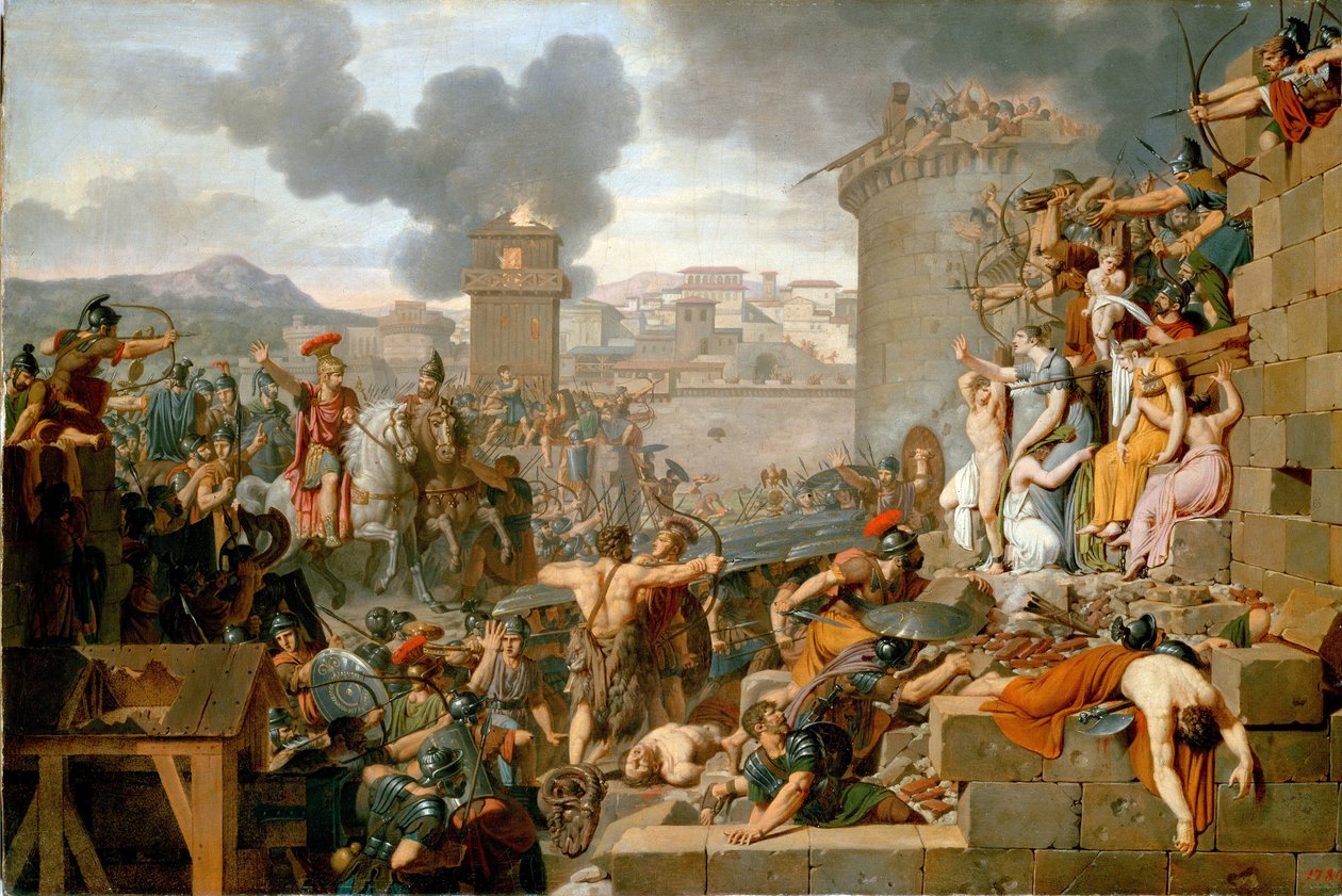 ""Metellus levantando o cerco" (Metellus levantando o cerco) Durante o cerco da cidade de Centobrica, Quintus Caecilius Metellus Macedonicus prende seus soldados quando os habitantes expõem os filhos de Rhetogene para atacá-lo. Pintado de Armand Charles Caraffe