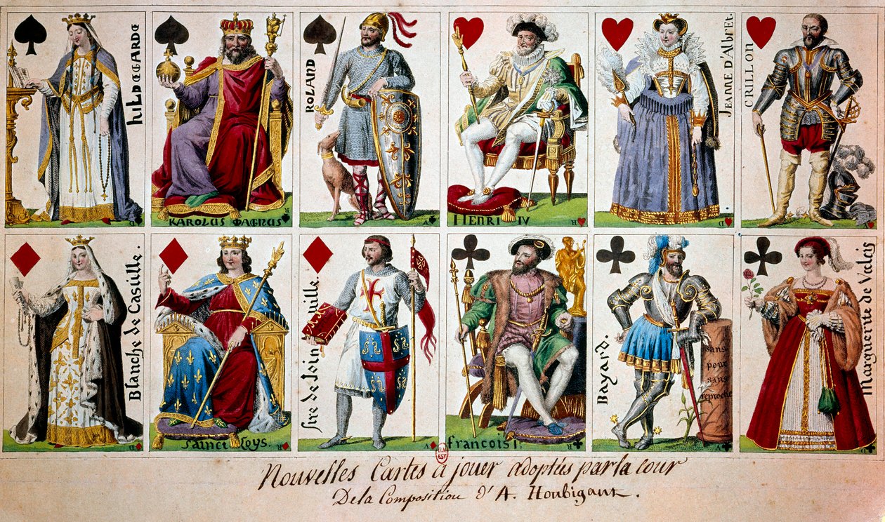 Figuras históricas francesas de Carlos Magno a Henri IV. Da esquerda para a direita e de cima para baixo: Hildegarde de Vintzgau (757-783), esposa de Carlos Magno; Carlos Magno (Carlos I conhecido como Carlos o Grande 742-814); Cavaleiro Roland (ou Hroudla de Armand Gustave Houbigant
