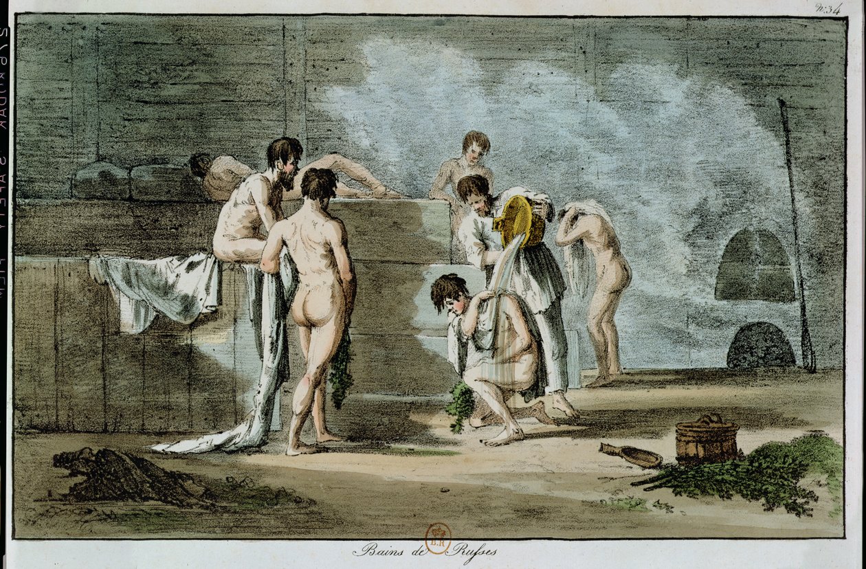Homens russos em uma sauna, de costumes e costumes russos, 1821 (litografia colorida) de Armand Gustave Houbigant