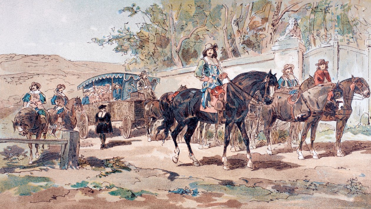 Uma diligência pública, ou treinador, do século XVII com escolta montada, 1886 de Armand Jean Heins