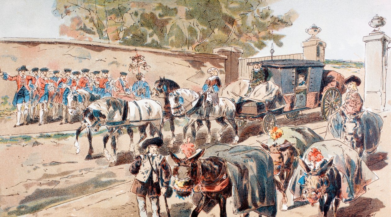 Uma Pós-Chaise a entrar num Composto Murado e a passar entre uma Banda e um Comboio Burro de Armand Jean Heins