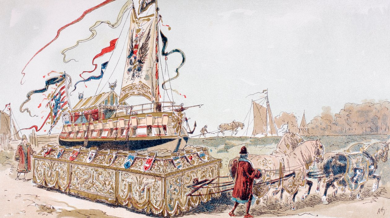 Uma Barcaça Real sendo Puxada por Cavalos até um Canal no Século XVI de Armand Jean Heins