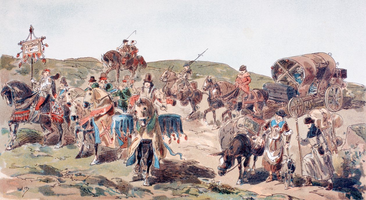 Um vagão viajando com escolta no século XV, 1886 de Armand Jean Heins