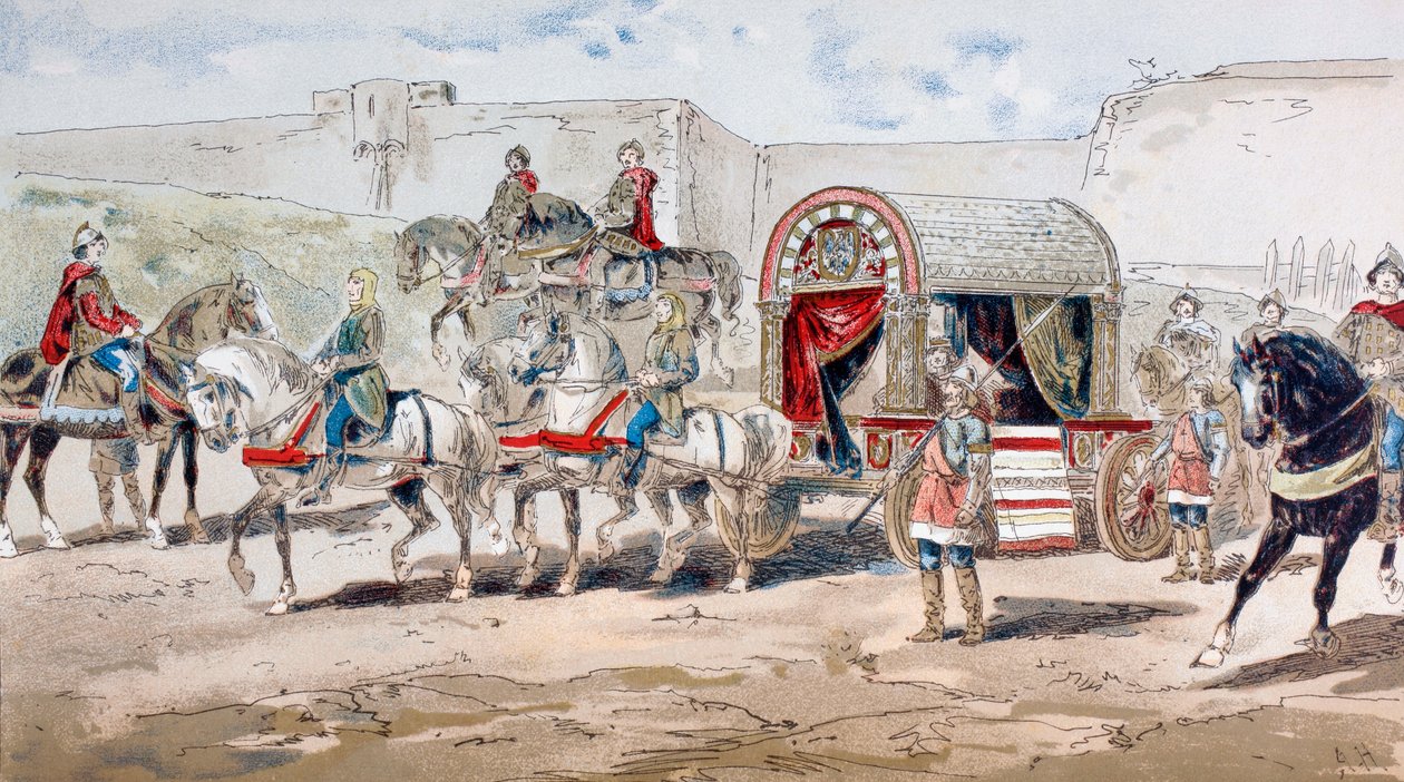 Um treinador real puxado por cavalos do século IX, 1886 de Armand Jean Heins