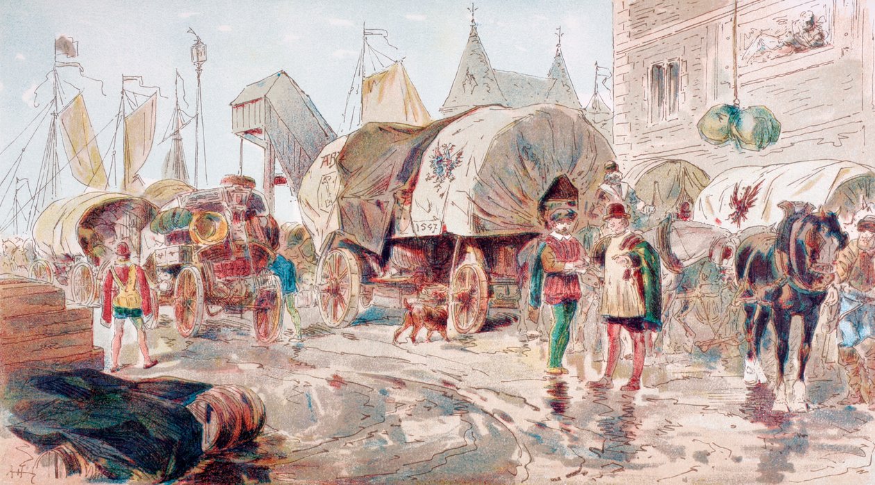 Vagões puxados a cavalo cheios de mercadorias e pertencentes à Liga Hanseática chegam a um porto, século XVI, 1886 de Armand Jean Heins