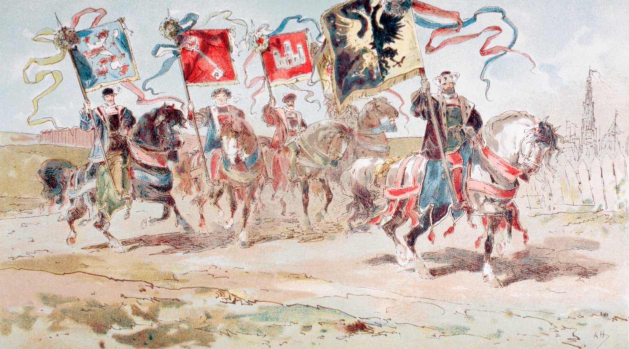 Cavaleiros portadores de bandeiras da Liga Hanseática e de cidades pertencentes à Liga, Século XVI, 1886 de Armand Jean Heins