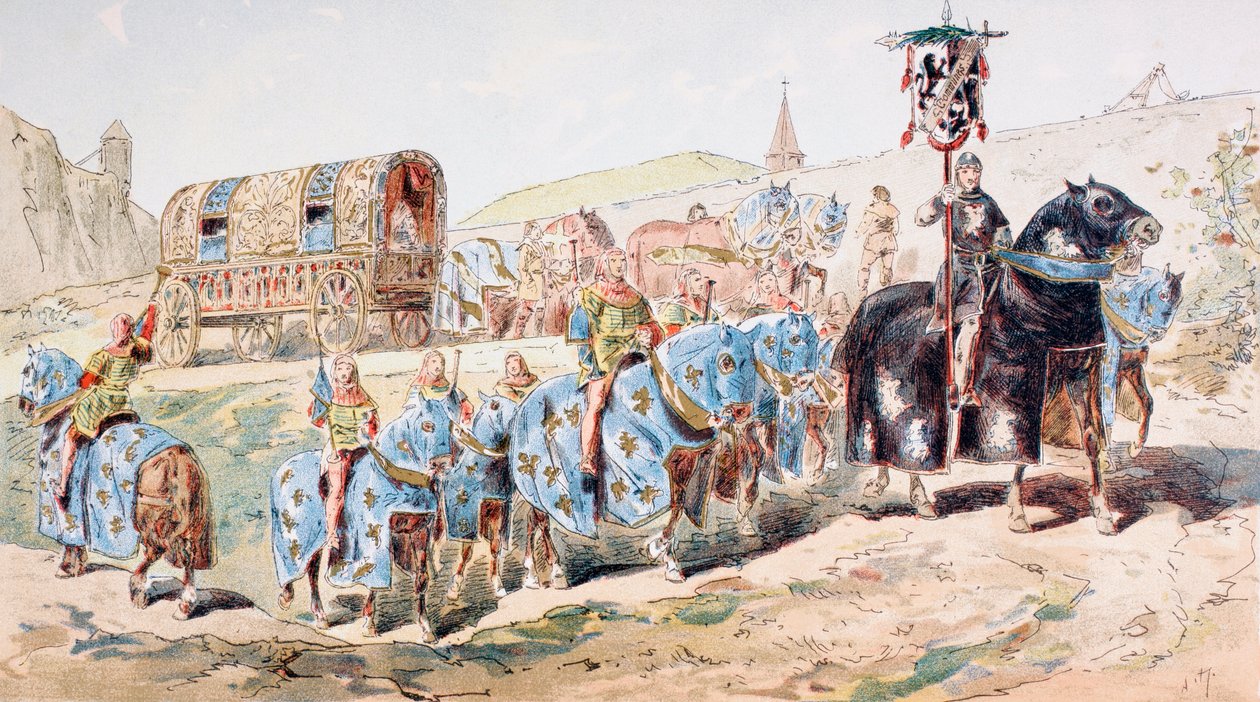 Nobreza em Treinadora de Cavalos Escoltada por Trompetistas no Século XIII de Armand Jean Heins