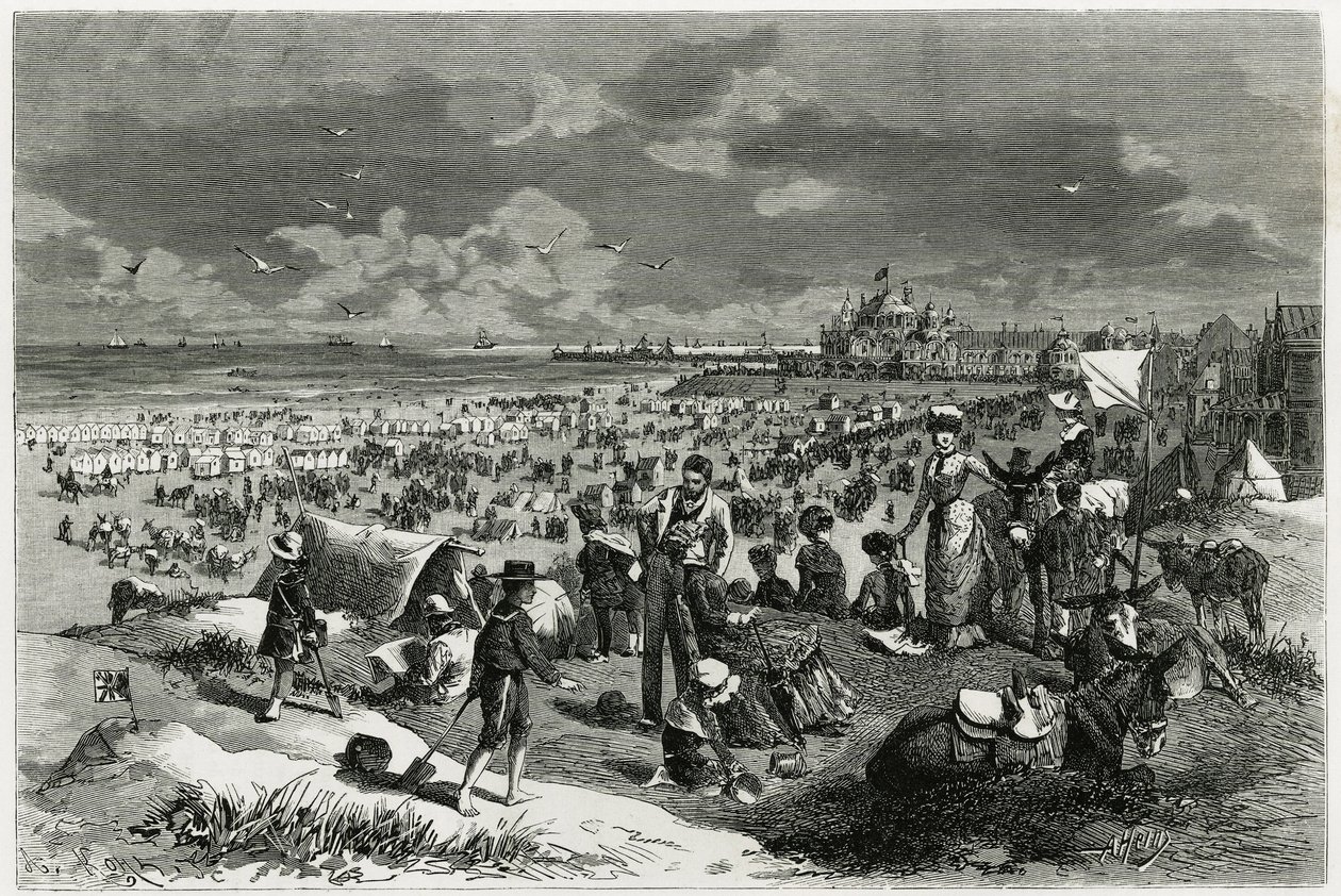 Ostend Beach. Gravura de A. Heins, para ilustrar a história "La Belgique", de Camille Lemonnier (1844-1913), escritor e crítico de arte. Publicado na revista Tour du monde new journal des voyages de Armand Jean Heins