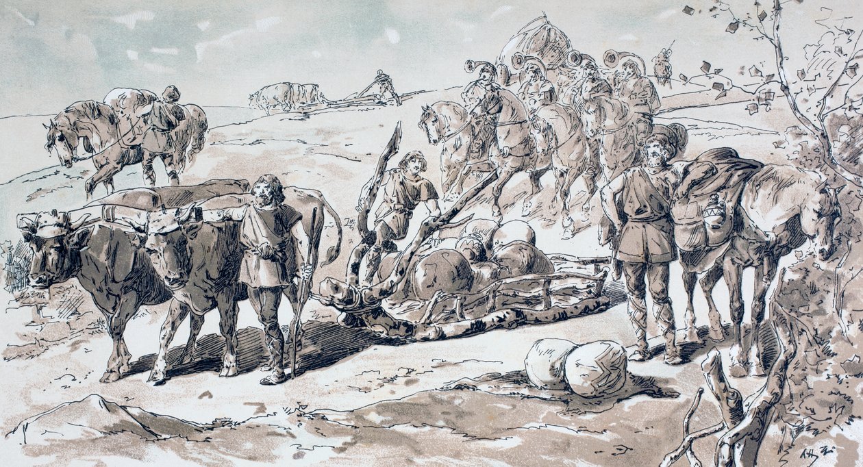 Bois desenhando um trenó primitivo carregado de pedras, 1886 de Armand Jean Heins