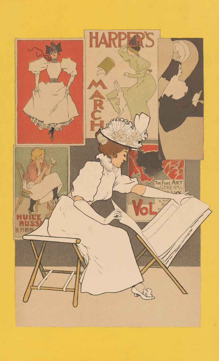 Mulher sentada em um carrinho olhando para impressões, 1897 de Armand Rassenfosse