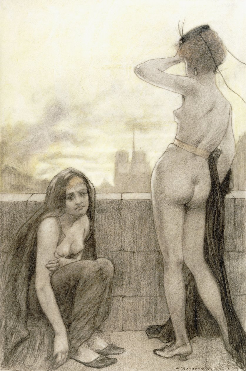 Duas mulheres parcialmente vestidas por uma parede em uma cidade de Armand Rassenfosse
