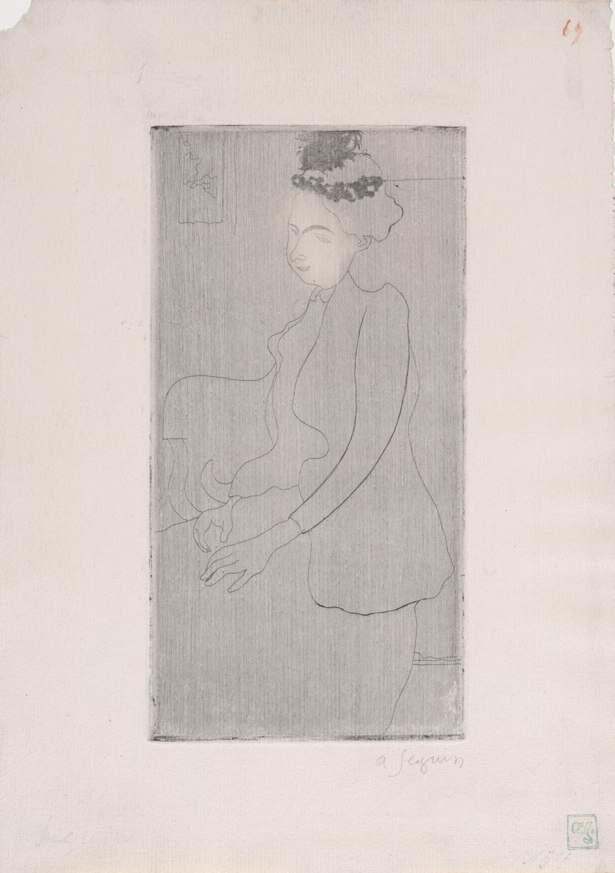 Femme assise avec chapeau a plumes (Mulher sentada com chapéu de penas) c.1893 (gravura) de Armand Séguin