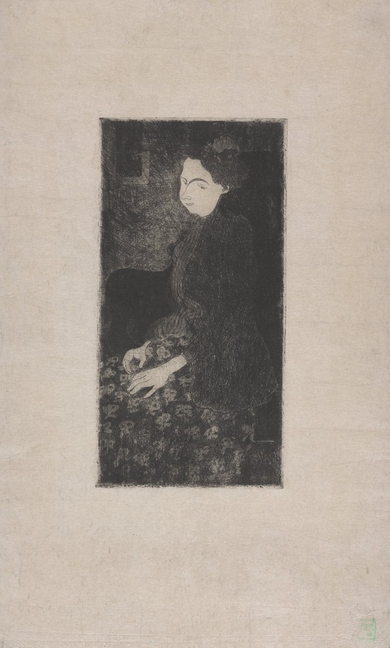 Femme assise avec chapeau a plumes (Mulher sentada com chapéu de penas) c.1893 (gravura, ponto seco & estilete) de Armand Séguin