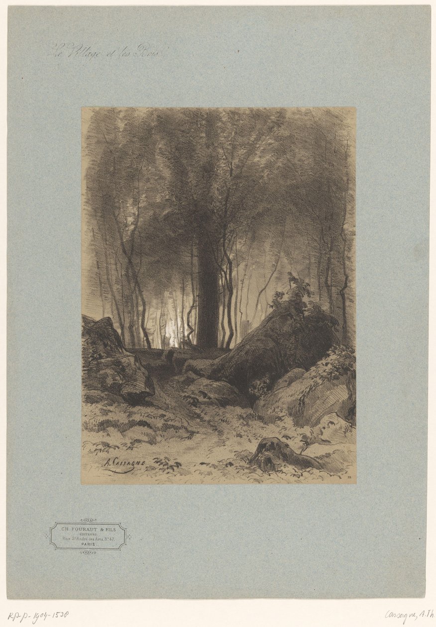 Vista da floresta com pedregulhos Paisagens com aldeias e floresta (título da série) Le village et les bois (título da série no objeto) de Armand Theophile Cassagne
