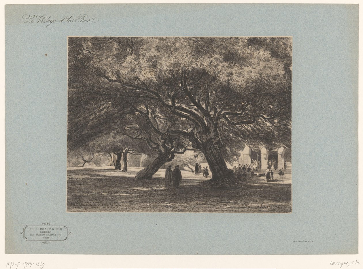 Carvalhos na igreja de Cimiez Les Chênes verts de Cimiés, Nice (título no objeto) Paisagens com aldeias e floresta (título da série) Le village et les bois (título da série no objeto) de Armand Theophile Cassagne