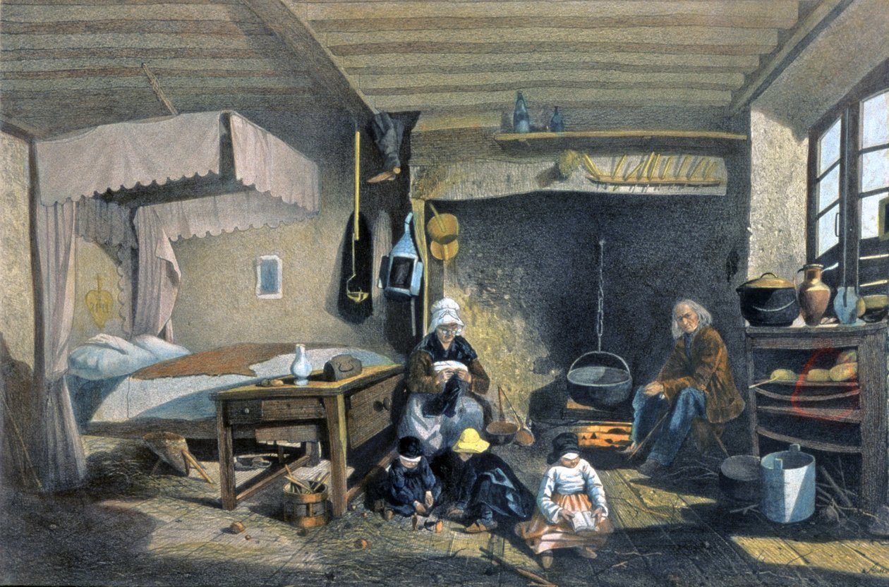 Interior de uma casa de camponeses em Royat de Armand Theophile Cassagne