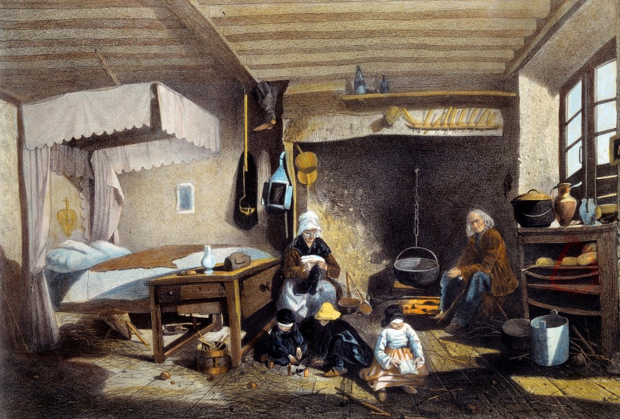 Interior camponês perto de Royat, em Auvergne. A mãe está costurando, o pai está sentado perto da grande lareira enquanto as crianças brincam. Litografia de Armand Theophile Cassagne (1823-1907) Século XIX. Musee National des Arts et Traditions Populaire,  de Armand Theophile Cassagne