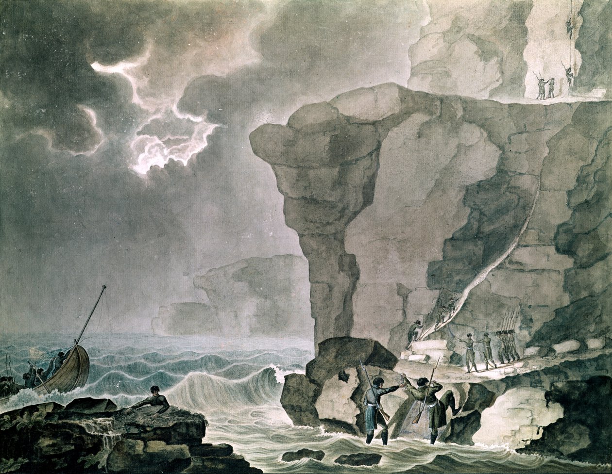Aterrissagem dos conspiradores no caso Cadoudal no penhasco de Biville perto de Dieppe, 16 de janeiro de 1804 (wc no papel) de Armand de Polignac