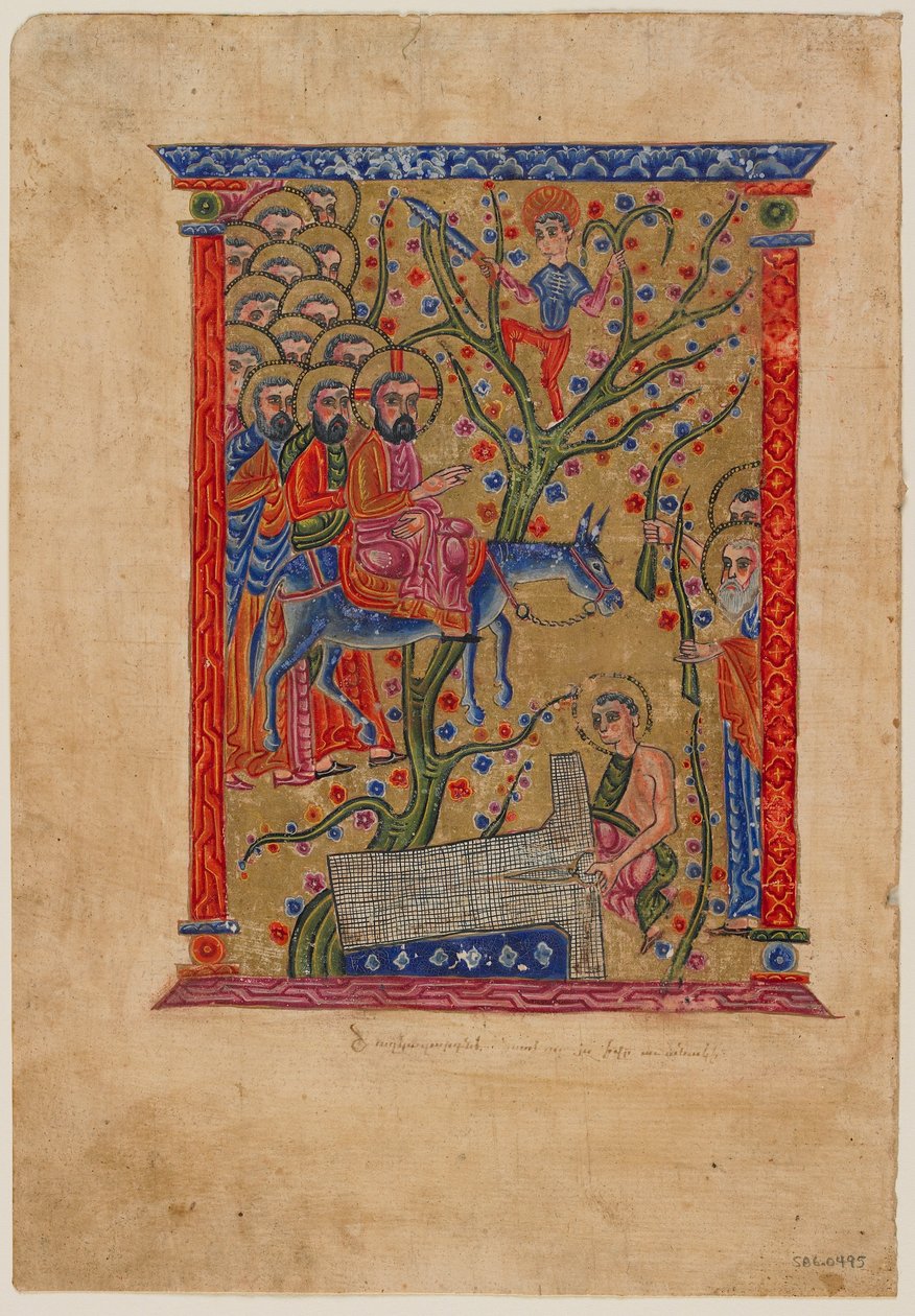 Fólio de um manuscrito armênio: A entrada em Jerusalém, c.1500 (tinta, wc opaco e ouro sobre papel) de Armenian School