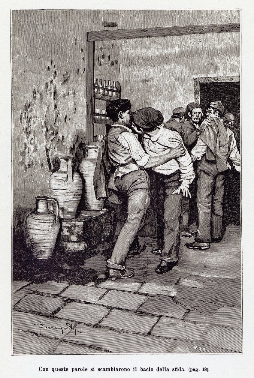 Convite para o duelo siciliano pelo "beijo" mortal, na verdade uma dentada na orelha. Ilustração de Arnaldo Ferraguti para a nova "" Cavalleria Rusticana "" de Giovanni Verga. 1897 de Arnaldo Ferraguti
