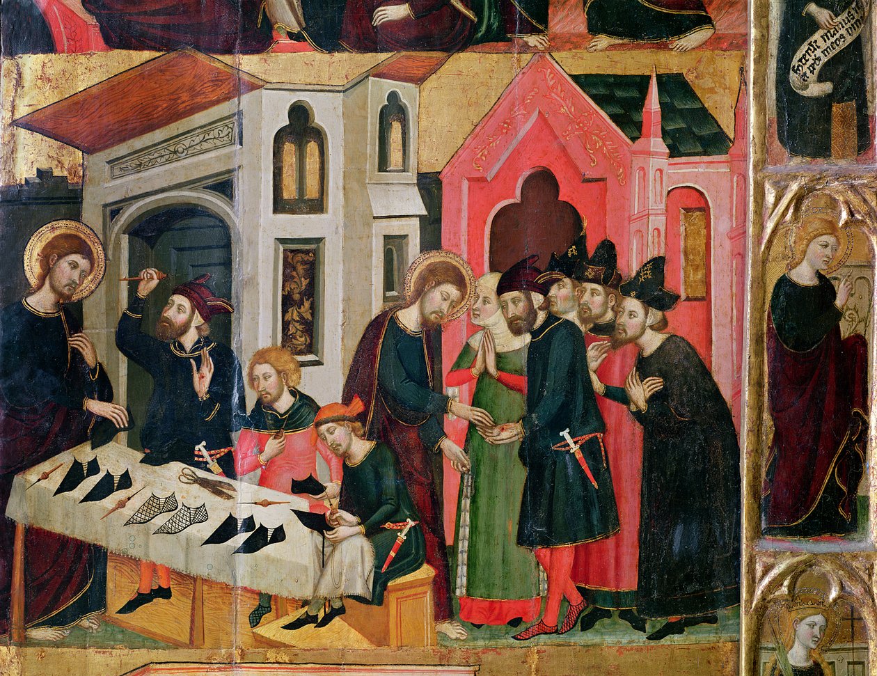 O retábulo das SS. Mark e Ania, detalhe da banca de um sapateiro, Escola Catalã, 1346 de Arnau Bassa