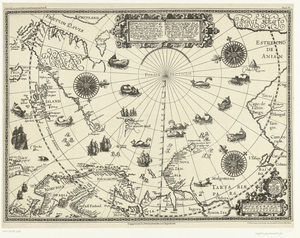 Mapa dos países em redor do Círculo Árctico mostrando as três viagens dos holandeses, 1598
Beschrijvinghe van de drie seylagien door de Hollanders gedaen ande Noordt syde van Noorweghen, Moscovia, nova Sembla, en door het deel van Groenlandt op de 80. gra de Arnaud A.J. Pistoor