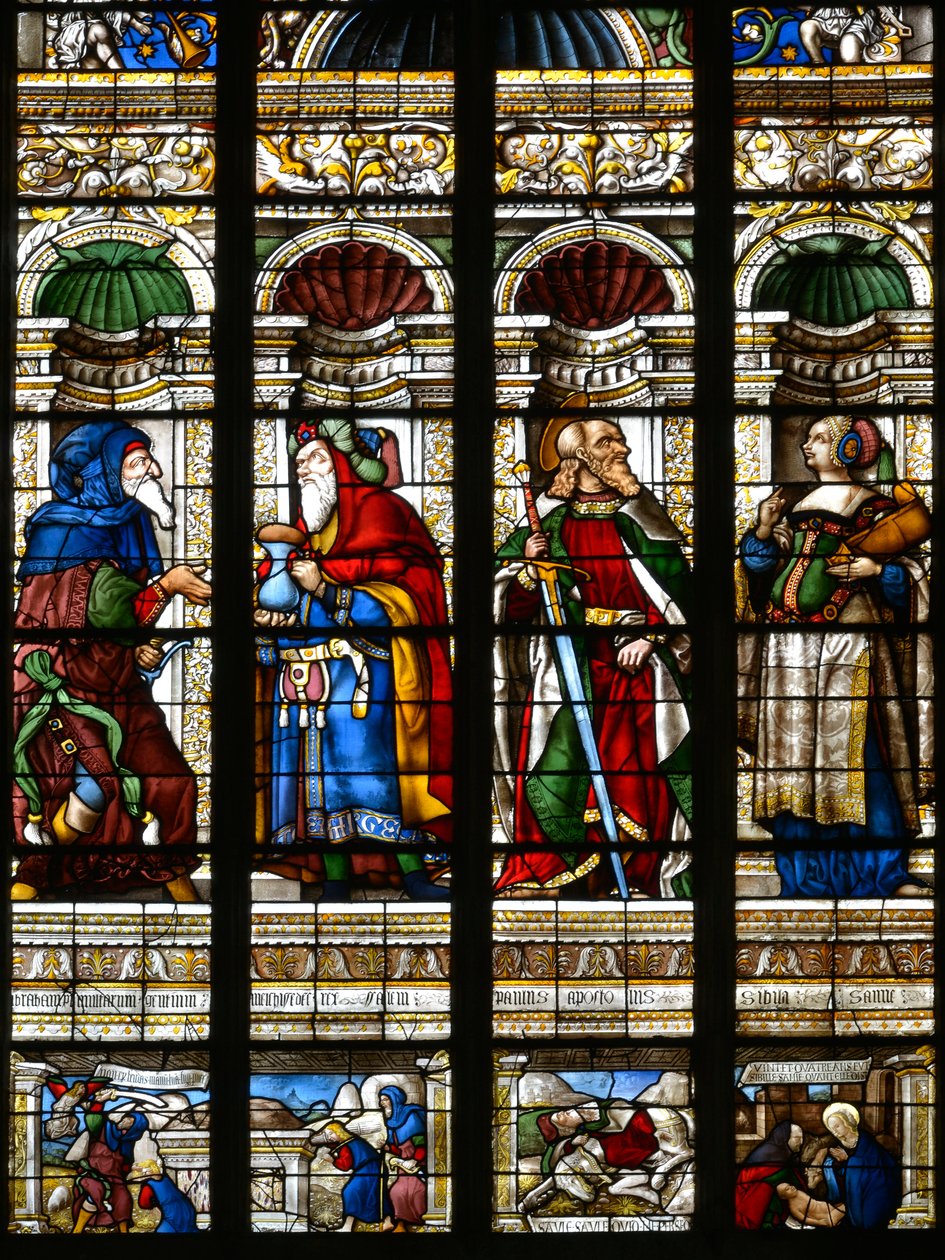 Abraão, Melquisedeque, São Paulo e a Sibila de Samos - Vidro manchado na capela de São Tiago, Arnaud de Moles (1470-1520) concluído em 1513 - Catedral Sainte Marie d