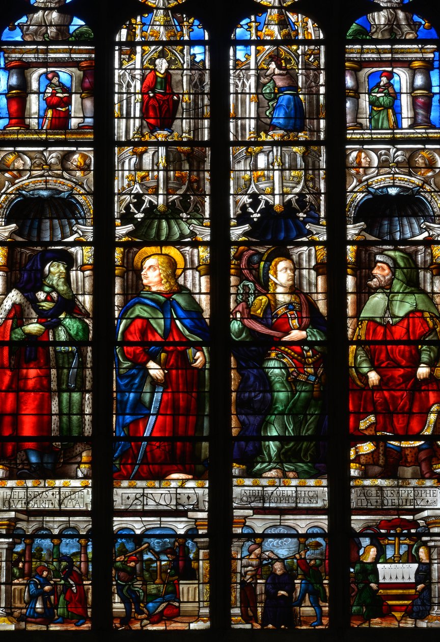 São Matias (Mathias), Esdras (ou Esdras), o profeta Habacuc (ou Habaquq) e a Sibila Tiburtine (ou Albunea of Tibur) - Vidro manchado da Capela da Paixão, de Arnaud de Moles (1470-1520) concluído em 1513 - Catedral Sainte Marie d