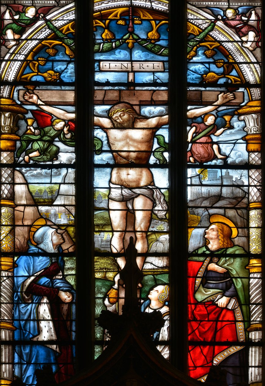 A Crucificação, com a Virgem Maria, São João e Maria Madalena aos pés da Cruz - Vidro manchado na capela do Santo Sacramento, de Arnaud de Moles (1470-1520) concluída em 1513 - Catedral Santa Maria d