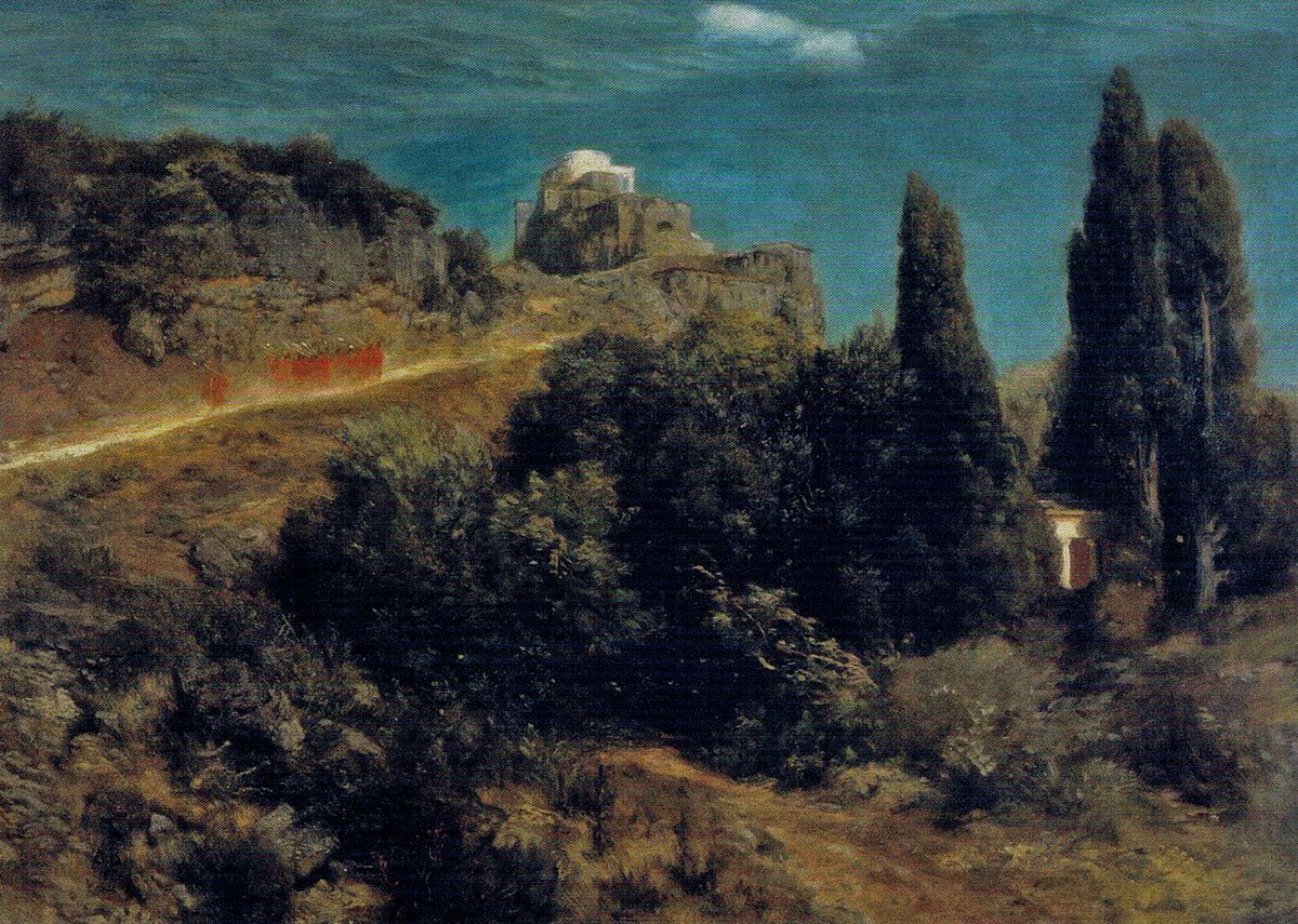 Castelo de montanha com trem de guerreiro de Arnold Böcklin
