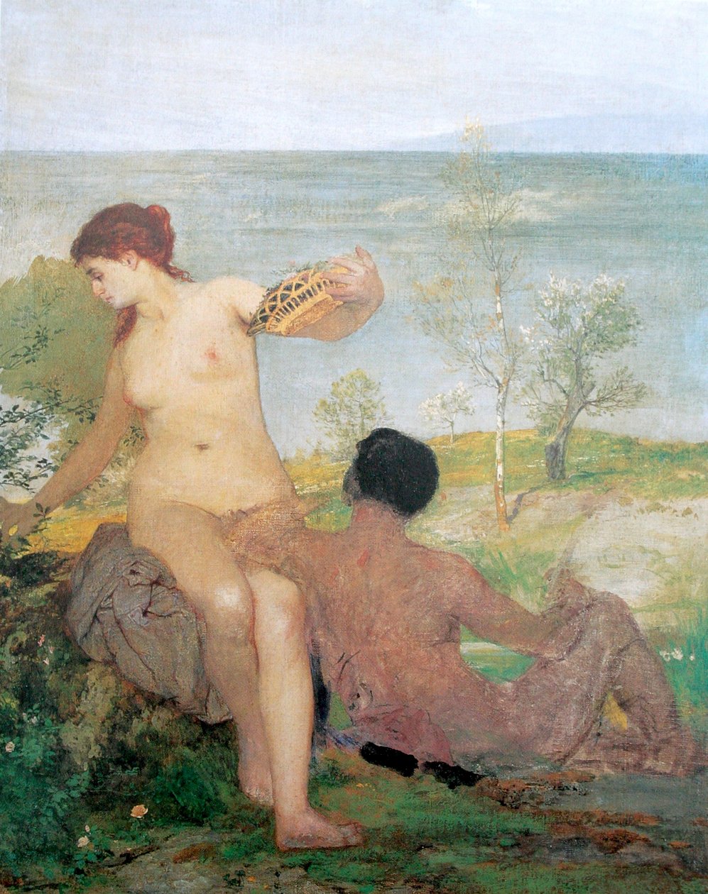 Menina menino, colheita, flores de Arnold Böcklin